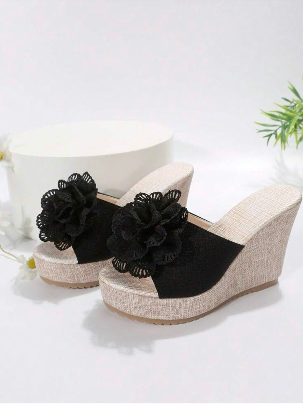 Black Lace Flower Platform Wedge Sandals